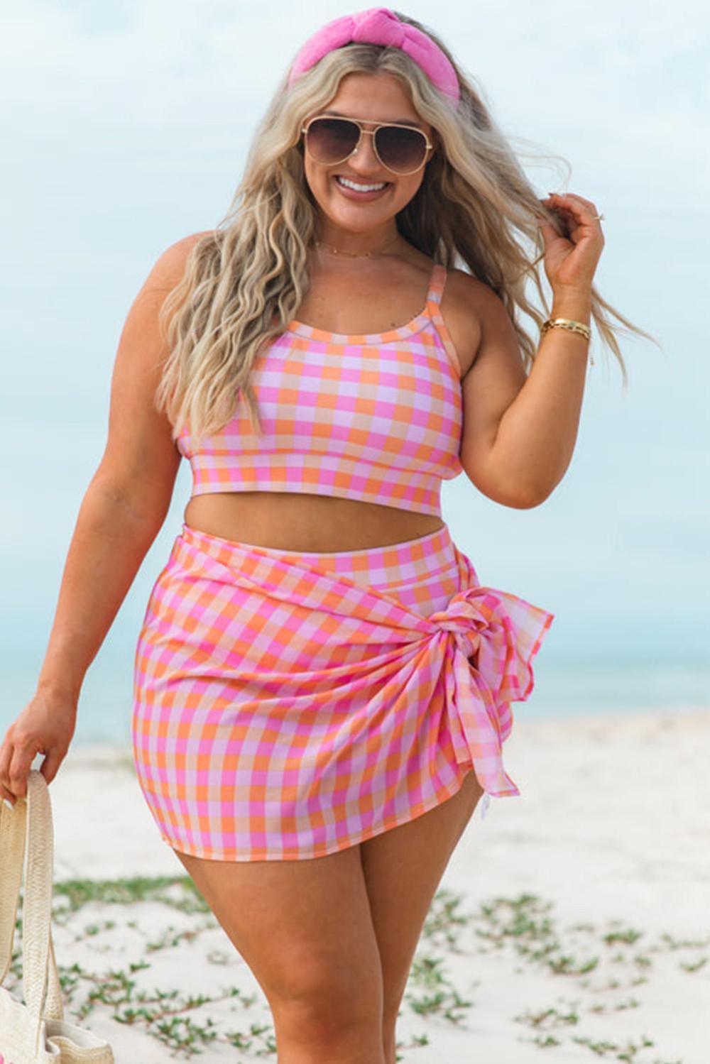 Bikini Sets | Women Pink Plus Size Plaid Print High Waist Bikini Set