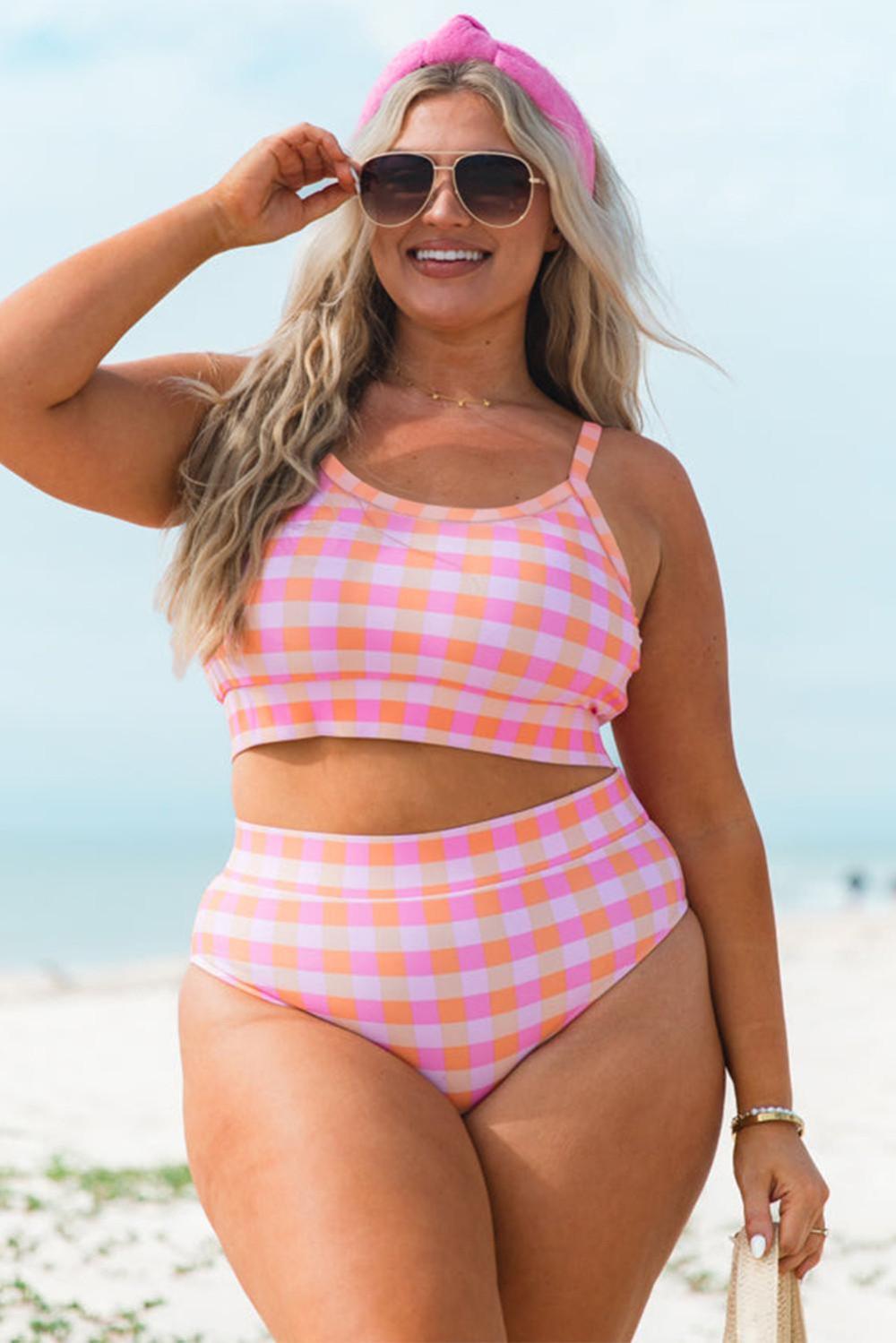 Bikini Sets | Women Pink Plus Size Plaid Print High Waist Bikini Set