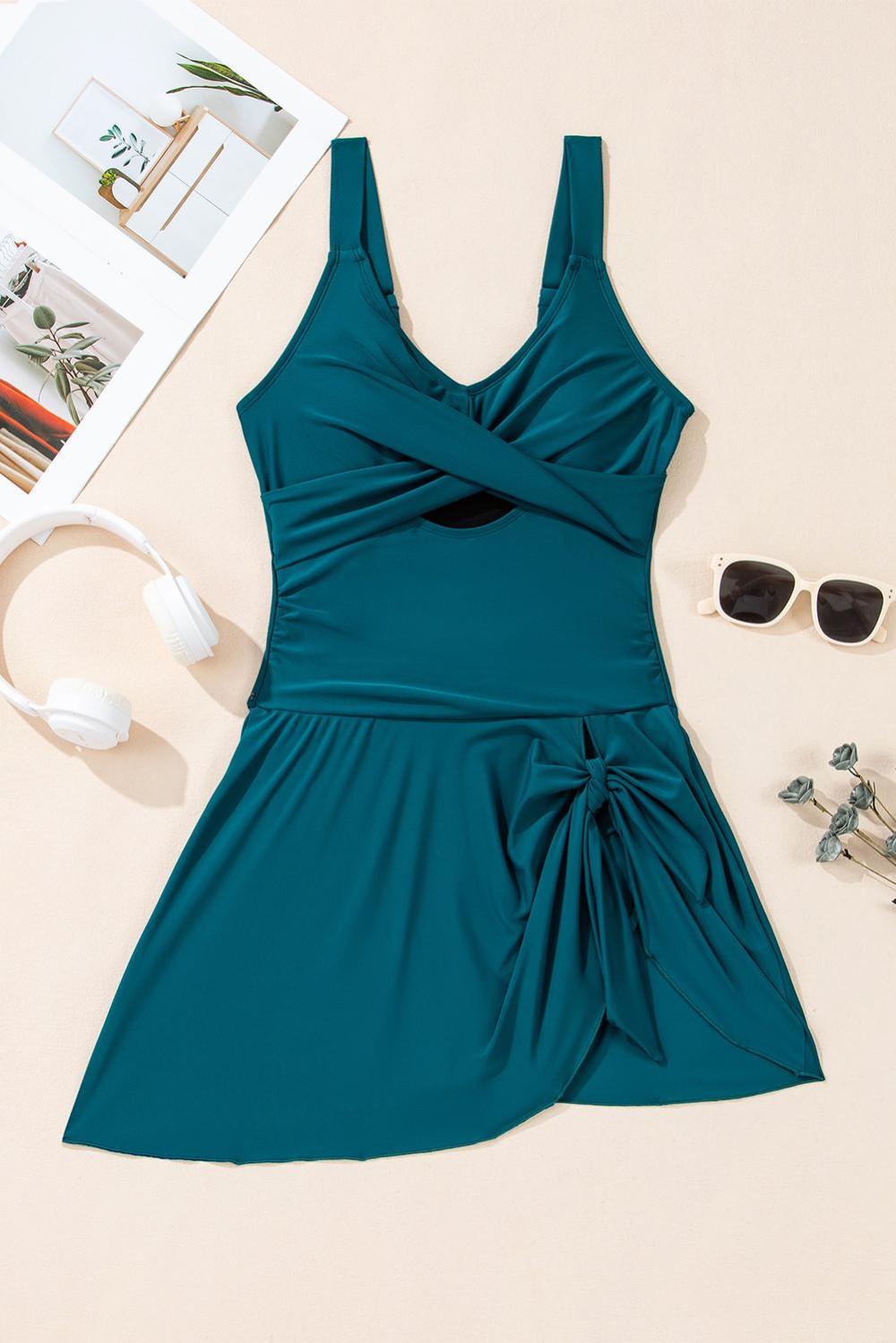 One-Piece | Women Sea Green Adjustable Straps Cutout Ruched Knot Slit One Piece Swim Dress